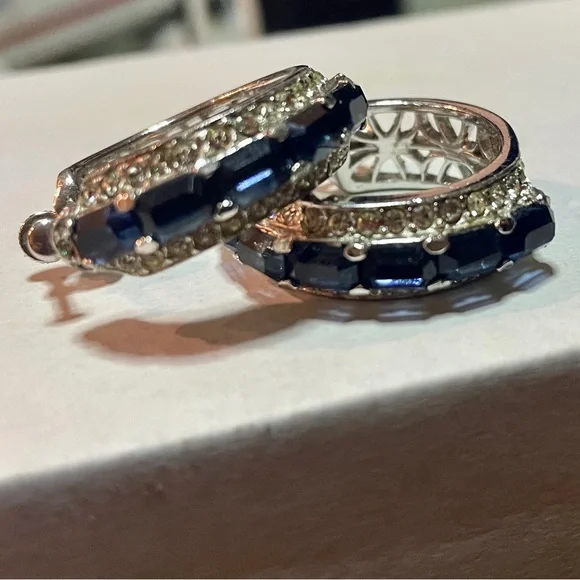 Silver-Toned Faux Blue Sapphire and Zirconia Hoop Earrings –Crystal Huggie Hoops - Picture 2 of 15